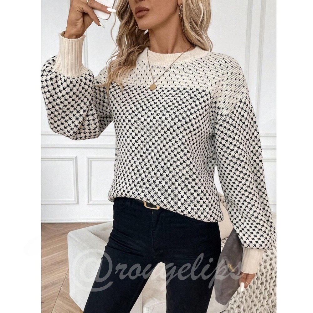 Black on Beige Pattern Loose Fit Crew Necklace Long Sleeve Pullover Knit Sweater - Picture 5 of 7